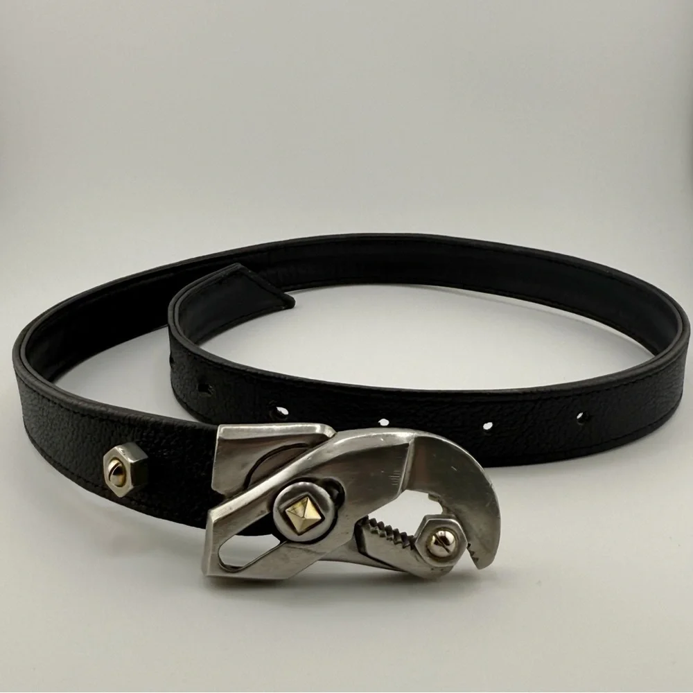 Black Leather Belt Industrial Tool Buckle Silver Hardware Adjustable Waist Belt